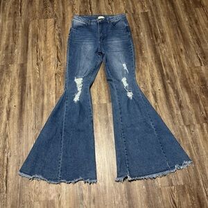 Saints & Hearts Flare Jeans Women's Large Frayed Hem Front Seam High Rise Denim